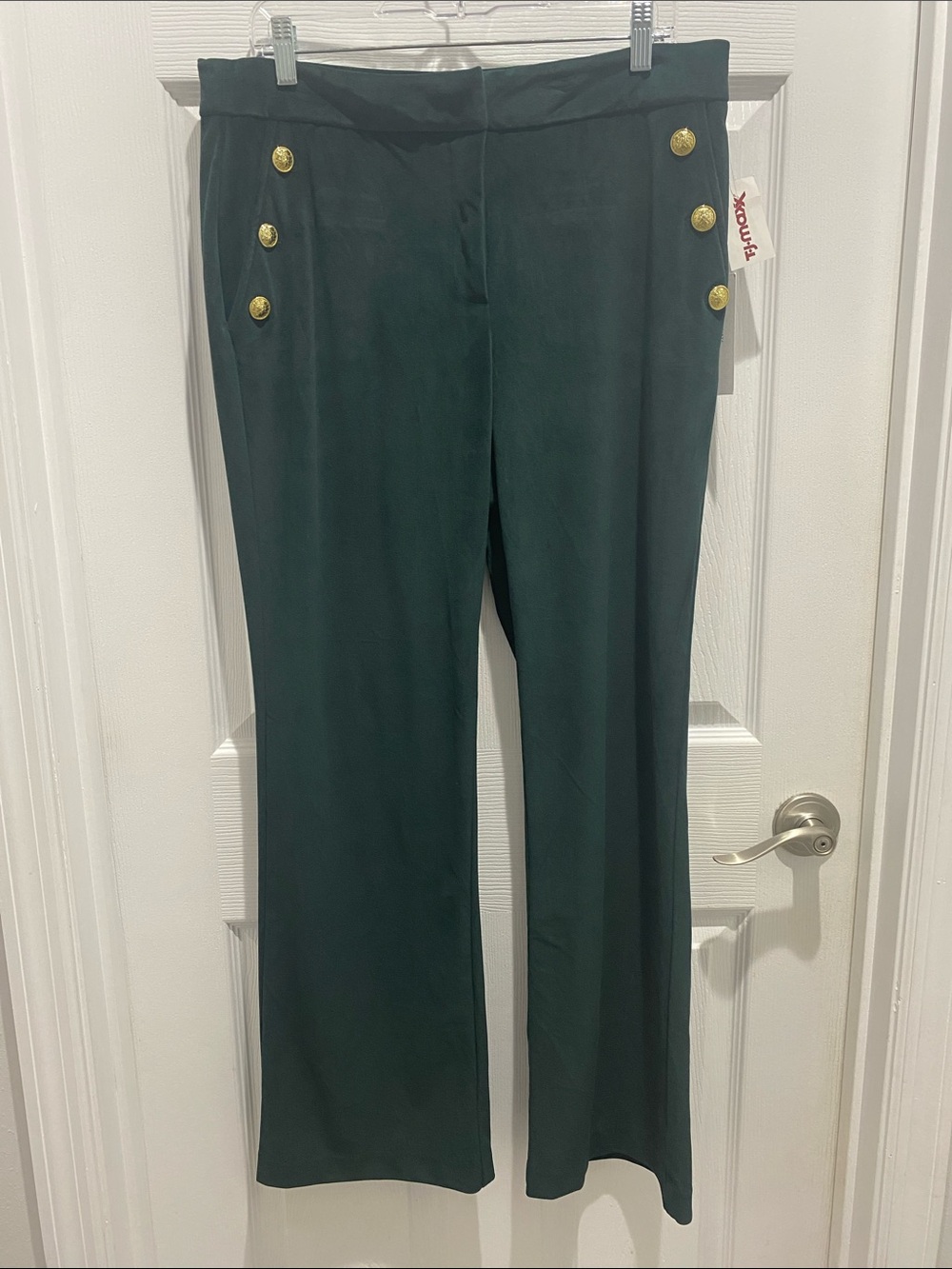 NWT! Women's Dark Green Velvet Wide-Leg Pants with Gold Button Detail 💚